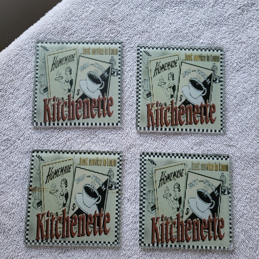 4 VINTAGE "KITCHENETTE" SQUARE GLASS COASTERS UNIQUE+ RARE SEE PICS GUC "BIN D"